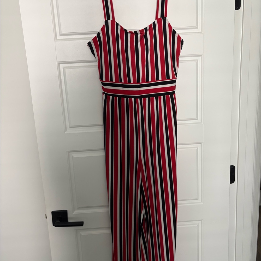 Express Red and Black Jumpsuit with Vertical Stripes